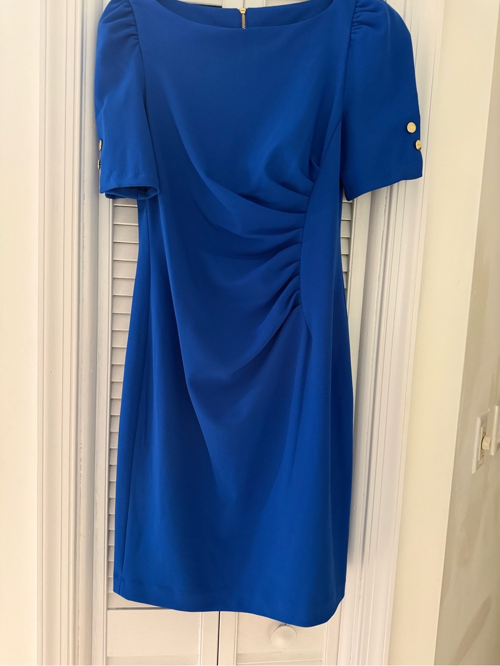 DKNY Royal Blue Ruched Short Sleeve Midi Dress with Gold Buttons